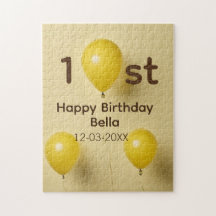 Gele ballonnen 1e verjaardag naam datum tekst