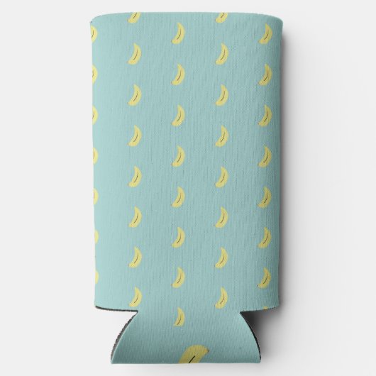 Gele banaan tekening blauw patroon seltzer blikjeskoeler (Achterkant)