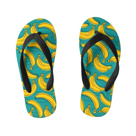 Gele banaan: zwarte omtrek kinder teenslippers (Voetbed)