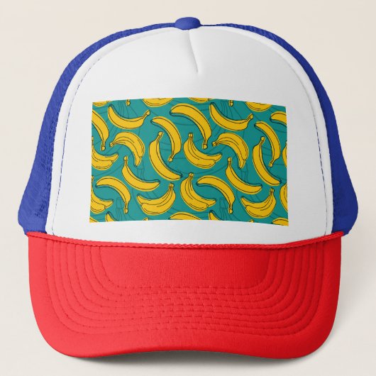 Gele banaan: zwarte omtrek trucker pet (Voorkant)