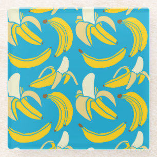 Gele bananen, blauw achtergrondpatroon glazen onderzetter