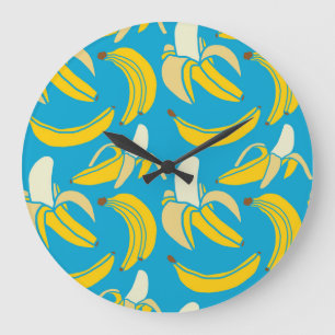 Gele bananen, blauw achtergrondpatroon grote klok