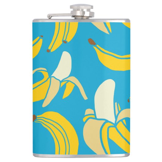Gele bananen, blauw achtergrondpatroon heupfles (Voorkant)