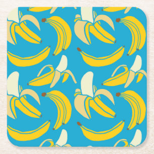 Gele bananen, blauw achtergrondpatroon kartonnen onderzetters