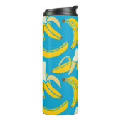 Gele bananen, blauw achtergrondpatroon thermosbeker (Gedraaid links)