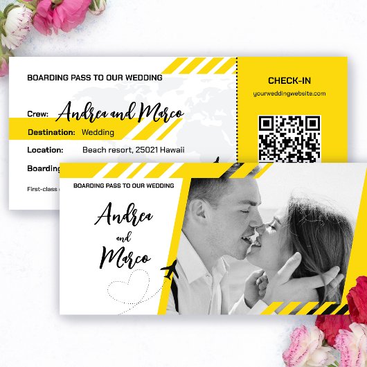 Gele Beach Boarding Pass bruiloft uitnodiging