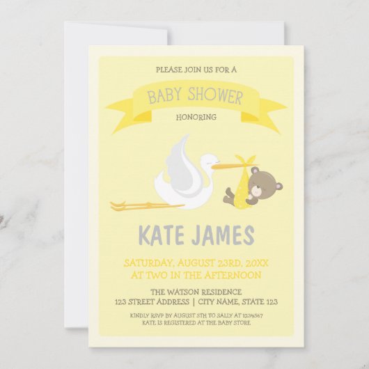 Gele Beer en Ooievaar Baby shower Invitation Kaart (Voorkant)