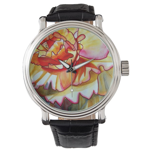 Gele Begonia waterverf originele kunst Horloge (Voorkant)