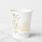 Gele berdcage bruiloft aangepaste naam grijs wit papieren bekers (Achterkant)