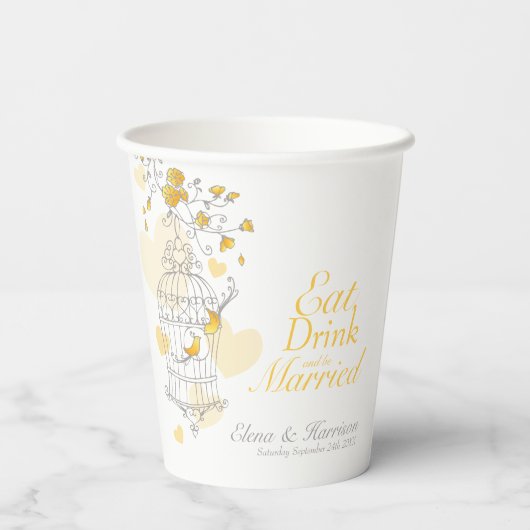 Gele berdcage bruiloft aangepaste naam grijs wit papieren bekers (Achterkant)