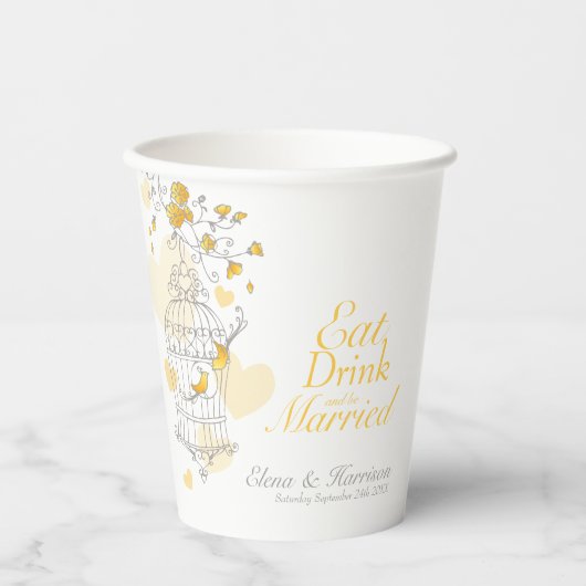 Gele berdcage bruiloft aangepaste naam grijs wit papieren bekers (Voorkant)