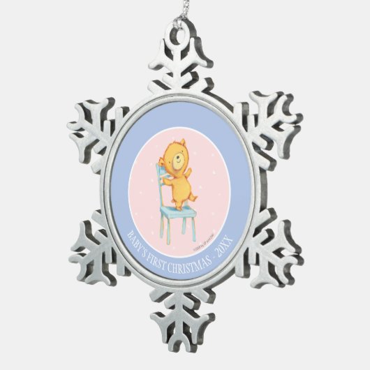 Gele Beren Dances en Spelen op de stoel Tin Sneeuwvlok Ornament (Rechts)