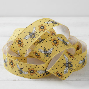 Gele Bijen & Cosmos Bloem Bloeit Grosgrain Lint