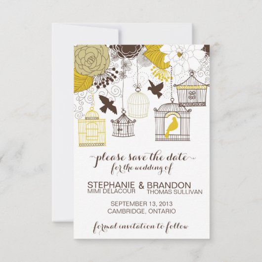 Gele  Birdcages Floral Save the Date (Achterkant)
