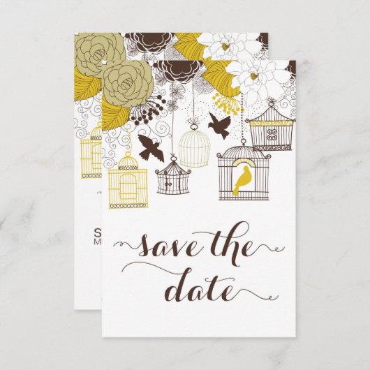 Gele  Birdcages Floral Save the Date (Voorkant / Achterkant)