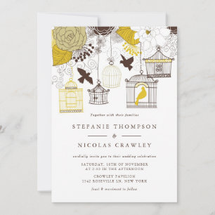 Gele  Birdcages Floral Wedding Invitation Kaart