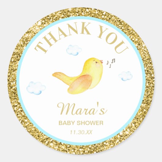 *~* Gele Birdie Glitter Baby shower Dank u Ronde Sticker (Voorkant)