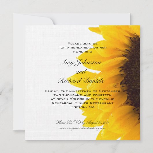 Gele Black Sunflower Rehearsal Dinner Invitation Kaart (Voorkant)
