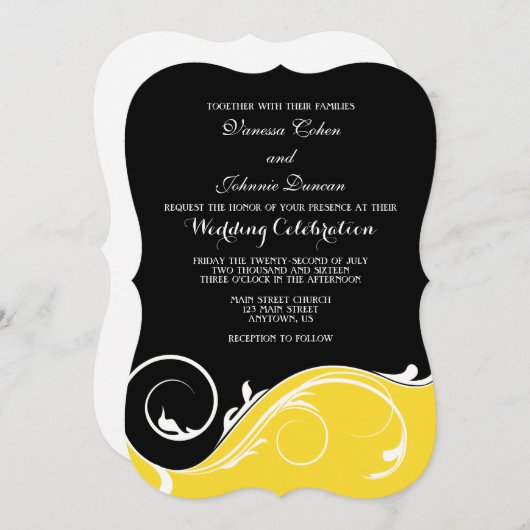Gele Black Swirl Bracket Wedding Invites Kaart (Voorkant / Achterkant)
