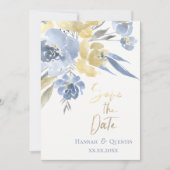 gele blauwe aquarel bloemen save the date (Voorkant)
