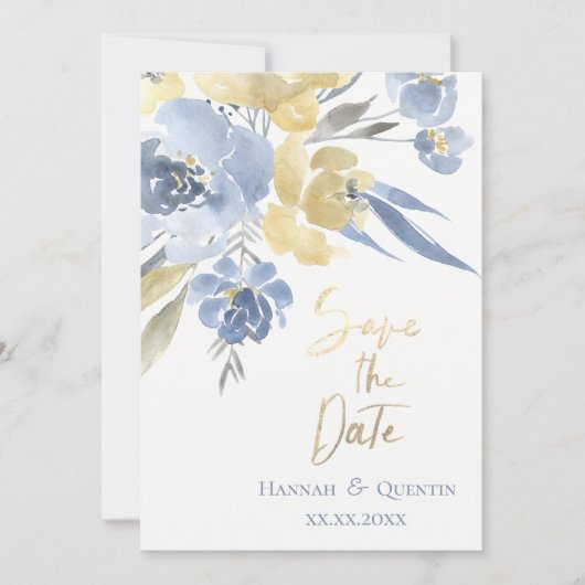 gele blauwe aquarel bloemen save the date (Voorkant)