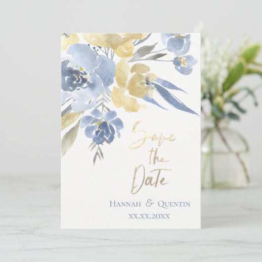 gele blauwe aquarel bloemen save the date (Staand voorkant)