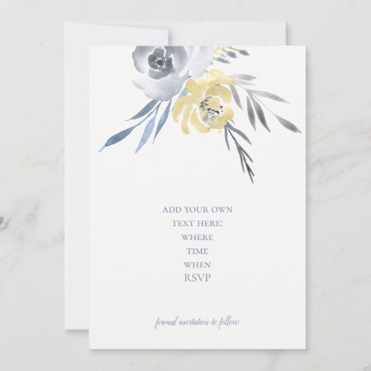 gele blauwe aquarel bloemen save the date (Achterkant)