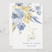 gele blauwe aquarel bloemen save the date (Voorkant / Achterkant)