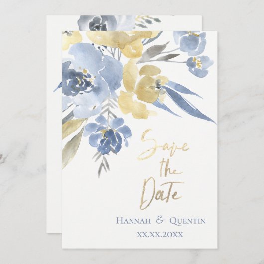 gele blauwe aquarel bloemen save the date (Voorkant / Achterkant)