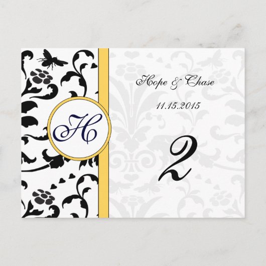 Gele blauwe bijen Damask Swirls Table Number Kaart (Achterkant)