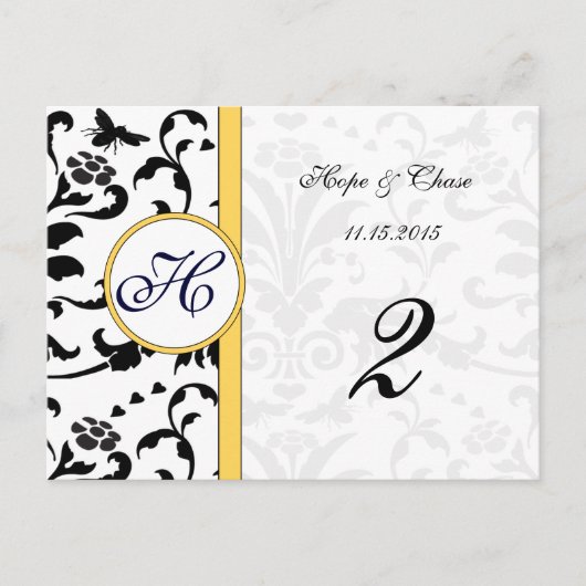 Gele blauwe bijen Damask Swirls Table Number Kaart (Voorkant)