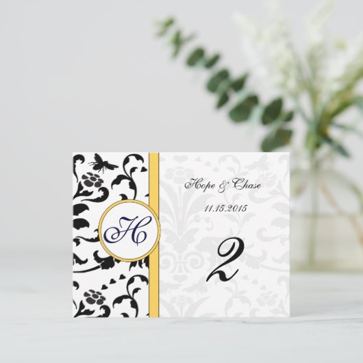 Gele blauwe bijen Damask Swirls Table Number Kaart (Staand voorkant)