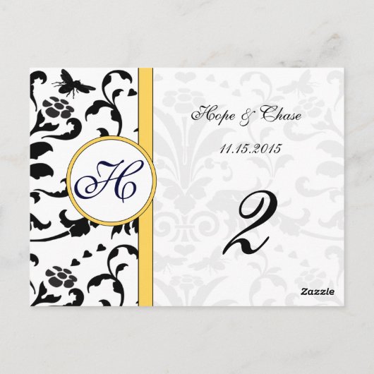 Gele blauwe bijen Damask Swirls Table Number Kaart (Achterkant)