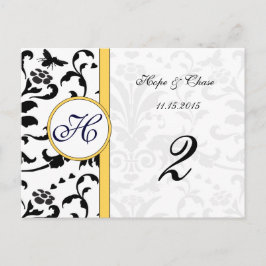Gele blauwe bijen Damask Swirls Table Number Kaart