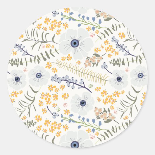 Gele blauwe botanische bloemen ronde sticker (Voorkant)