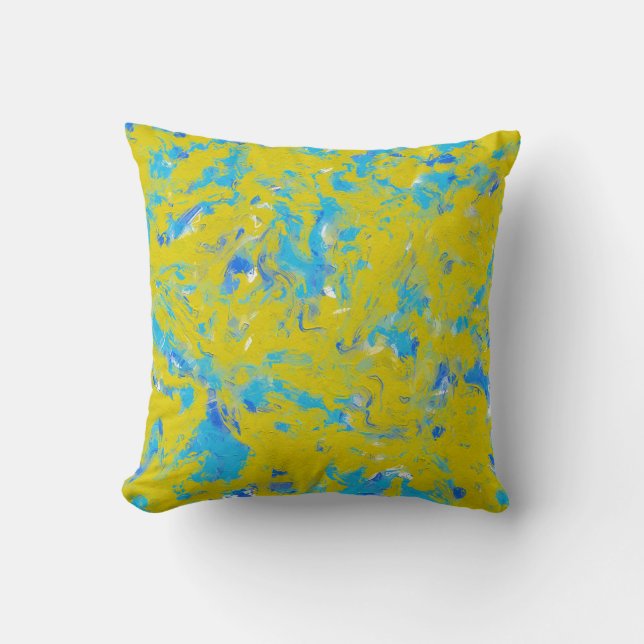 Gele, blauwe en witte rondjes kussen (Voorkant)