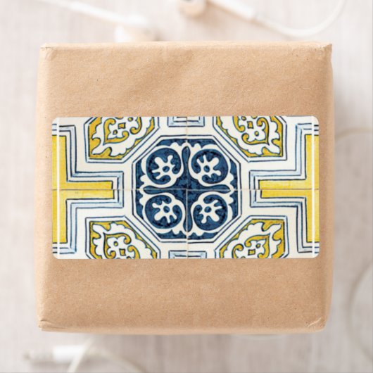 Gele blauwe Faux Geometric Tile Art Etiket (Insitu)