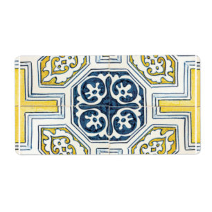Gele blauwe Faux Geometric Tile Art Etiket
