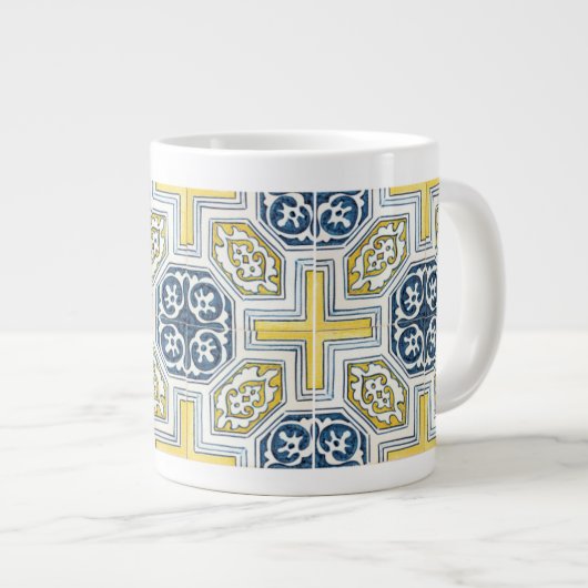 Gele blauwe Faux Geometric Tile Art Grote Koffiekop (Voorkant rechts)