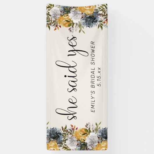 Gele Blauwe Floral Ze zei ja Vrijgezellenfeest Spandoek (Verticaal)