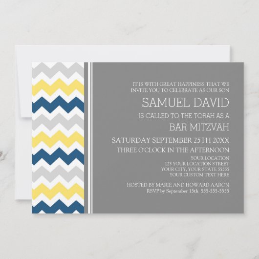 Gele blauwe grijze Chevron Bar Mitzvah Invitaties Kaart (Achterkant)
