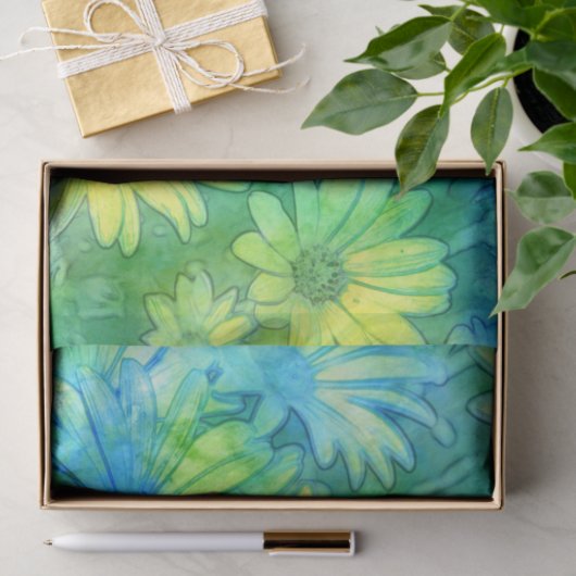 Gele Blauwe Groene Abstracte Waterverf Daisies Tissuepapier (Geschenk)
