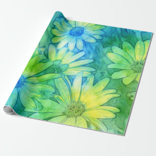 Gele Blauwe Groene Abstracte Waterverf Margrieten Cadeaupapier