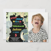 Gele blauwe groene dinosaurusdag met foto kaart (Voorkant)