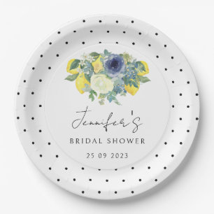 Gele blauwe polka stip Lemon Bruids Papieren Bord
