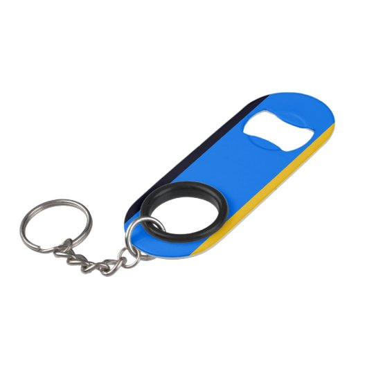 Gele blauwe strepen mini flessenopener (Voorkant Gekanteld)