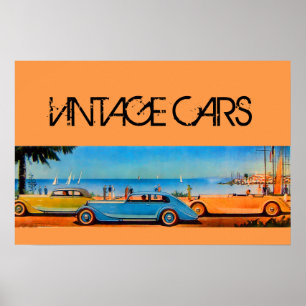 GELE BLAUWE VINTAGE AUTO'S OP DE STRANDWEG POSTER