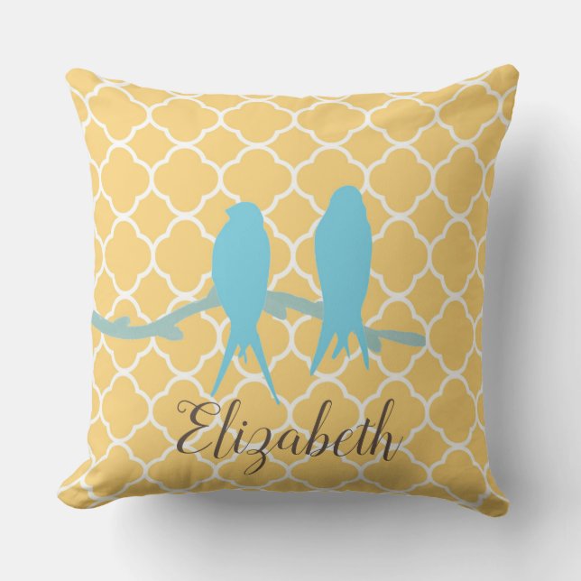 -gele blauwe vogel quatrefoil monogram kussen (Voorkant)