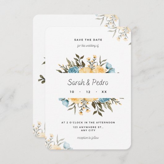 Gele Blauwe Waterverf Floral sparen de Kaart van d (Voorkant / Achterkant)