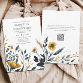 Gele Blauwe Waterverf Wildbloemen Elegante bruilof Kaart